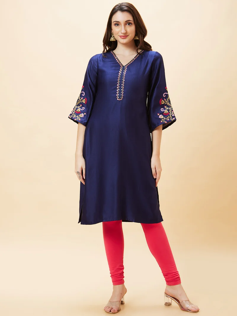 globus Globus Women V-Neck Floral Embroidery A-Line Festive Kurta