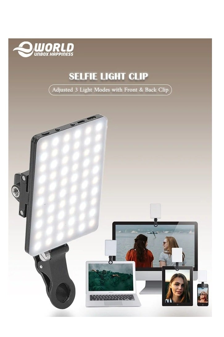 Eworld High-power 60-LED Rechargeable Selfie Light with Front & Back Clips, 3 Light Modes and 10 Brightness Levels, Ideal for Makeup, Selfies, Vlogs, Video Conferences on Smartphones, Tablets, Laptops - Image 1