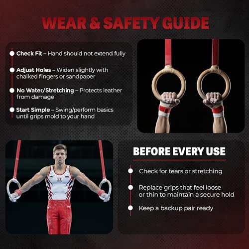 Reisport Men's Ring Gymnastic Grips, Premium Leather Grip with Hook & Loop Closure for Secure Grip, Safe Hand Grip, Hand Wraps for Advanced Gymnasts, XX-Small - Image 4