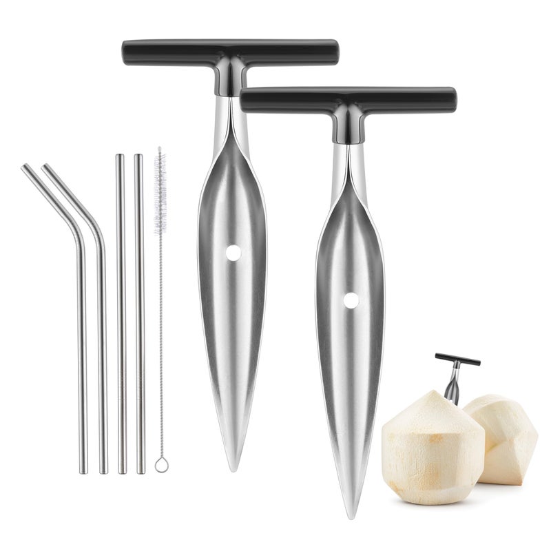 KCKHFA Coconut Opener Tool Set for Green Fresh Coconut, Manual Cutter, Straw Hole Puncher with 4 PCS Reusable Straws & Brush - Image 1