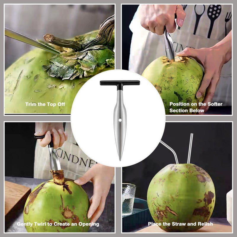 KCKHFA Coconut Opener Tool Set for Green Fresh Coconut, Manual Cutter, Straw Hole Puncher with 4 PCS Reusable Straws & Brush - Image 5