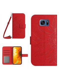 Case Cover For Samsung Galaxy S7 Edge Skin Feel Sun Flower Pattern Flip Leather Phone Case with Lanyard Red