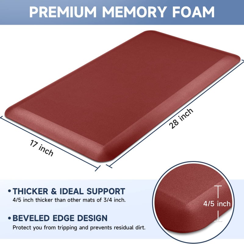 StepRite 4/5 Inch Thick Kitchen Mat Anti Fatigue Mat Kitchen Rugs Kitchen Decor Non-Slip, Stain & Water Resistant, Kitchen Mats Desk Mat for Kitchen, Office, Workshop, Red, 17'' x 28'' - Image 2