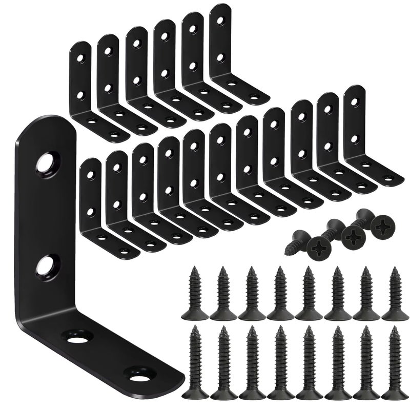 18Pack L Shape Corner Brackets Stainless Steel Metal Angle Braces for Wood Furniture Heavy Duty Black 2 inch Shelf Bracket with Long Screws for Household Project L Shape Black