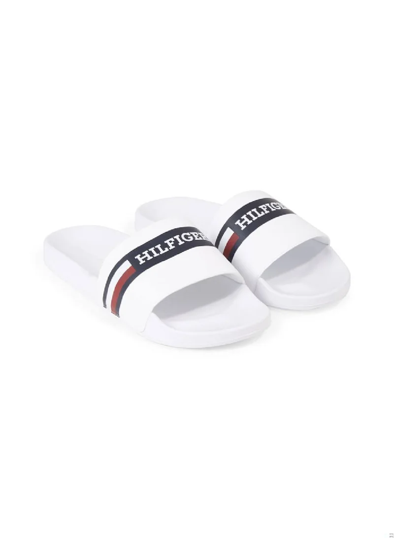 TOMMY HILFIGER Men's Signature Hilfiger Monotype Pool Slides -  Polyester mix upper, White