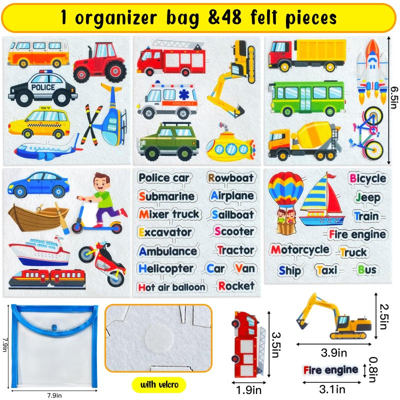PENGFULL Felt Transportation Vehicles Learning Pieces,48 Felt Board Pieces for Felt Flannel Board,Air Land Sea Airplane Learning for Toddlers for Kindergarten,Preschool,Toddlers - Image 2