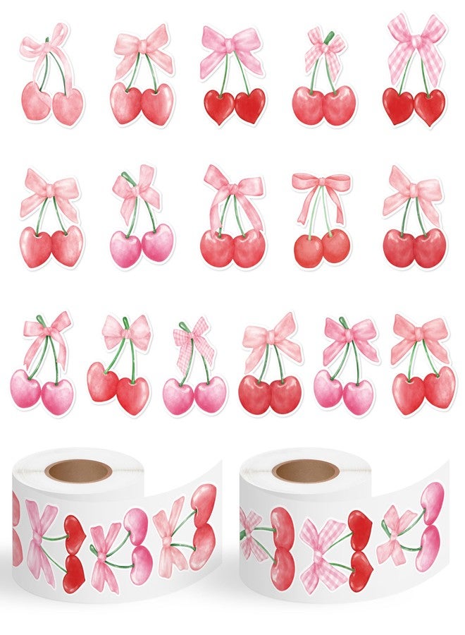 BkeeCten 1000pcs Pink Bow Cherry Coquette Sticker Roll (2 Rolls), Watercolor Aesthetic Fruit Decorative Decals, Red & Pink Cherry with Bow Self-Adhesive Stickers for Water Bottle Scrapbook Decor - Image 1