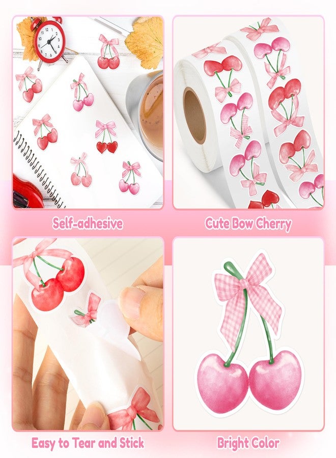 BkeeCten 1000pcs Pink Bow Cherry Coquette Sticker Roll (2 Rolls), Watercolor Aesthetic Fruit Decorative Decals, Red & Pink Cherry with Bow Self-Adhesive Stickers for Water Bottle Scrapbook Decor - Image 4