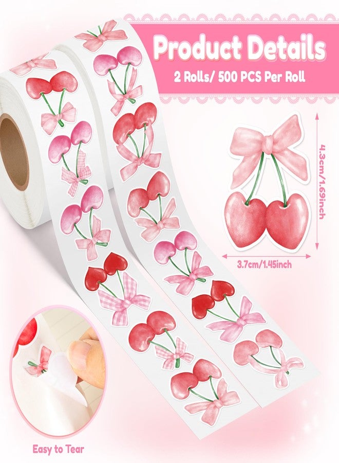 BkeeCten 1000pcs Pink Bow Cherry Coquette Sticker Roll (2 Rolls), Watercolor Aesthetic Fruit Decorative Decals, Red & Pink Cherry with Bow Self-Adhesive Stickers for Water Bottle Scrapbook Decor - Image 2