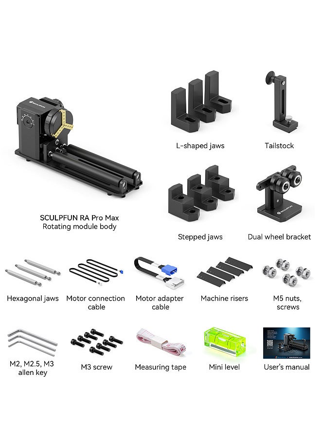 SCULPFUN RA Pro Max 4 in 1 Rotary Chuck for Laser Engraver, Y-axis Multi-Function Rotary Roller Engraving Module with 180° Adjustable Angle for Laser Engraving Cylindrical Objects, Irregular Round Objects  - Image 3