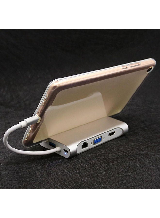 NIBEMINENT 7-In-1 Type-C To HDMI VGA RJ45 3 x USB 3.0 HUB Adapter With Phone Holder Silver  - Image 3