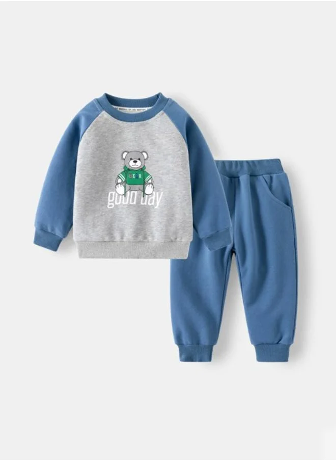 YUNIQEE Grey Crew Neck Long Sleeve Printed Pullover With Track Pant