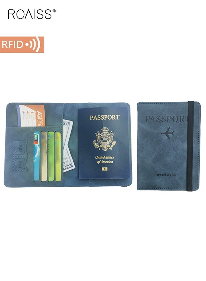 roaiss Passport Holder, Magnetic Closure Anti-Skimming Multi-Function ID Case, Stylish PU Leather Passport Cover, Compartmentalized Storage for Daily Travel Essentials, Blue - Image 1