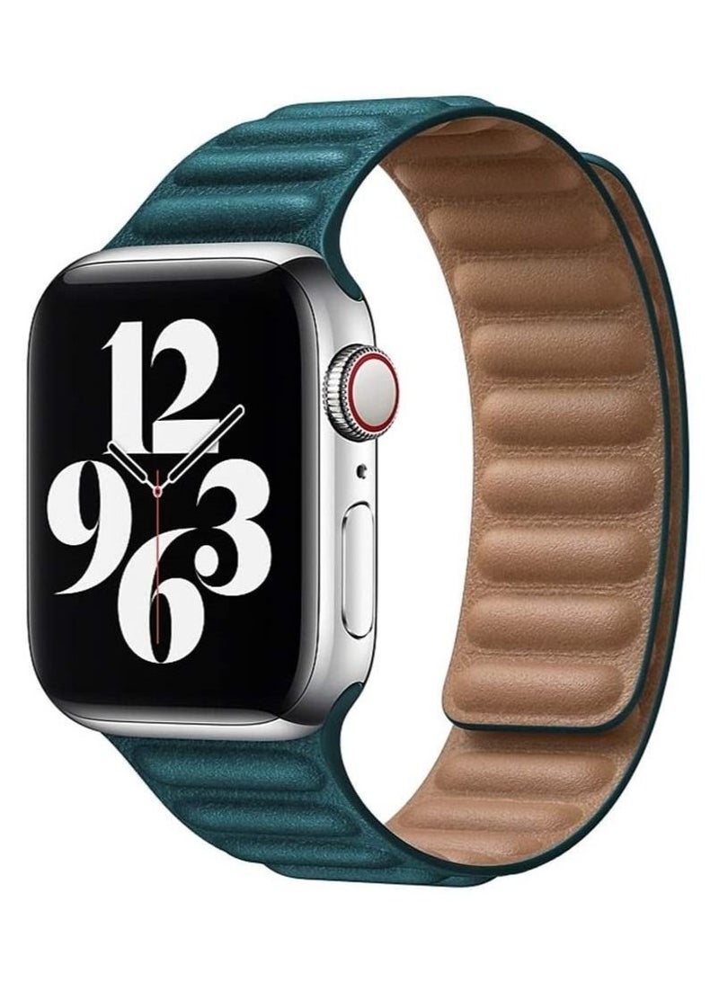 Leather Strap for Apple Watch 42mm/44mm, Adjustable Genuine Leather Loop Wristband with Strong Magnetic Closure for Apple Watch Series 1,2,3,4,5,6,SE,(Army Green) - Image 1