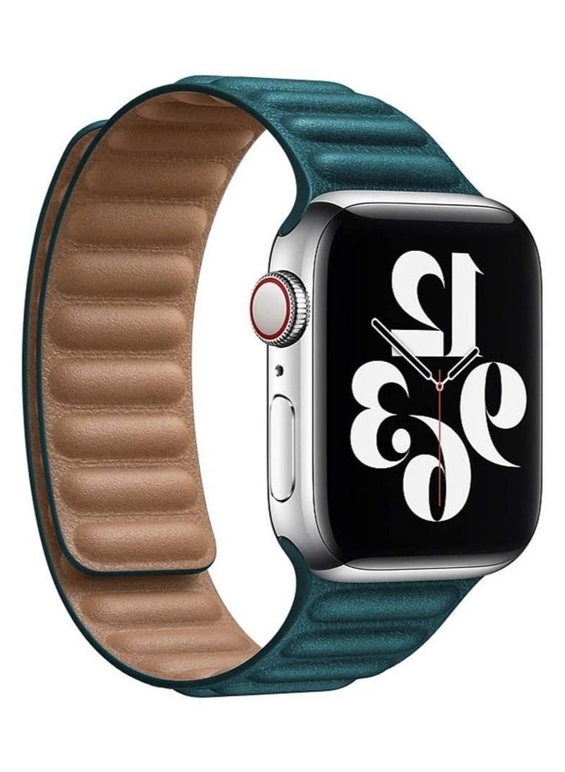 Leather Strap for Apple Watch 42mm/44mm, Adjustable Genuine Leather Loop Wristband with Strong Magnetic Closure for Apple Watch Series 1,2,3,4,5,6,SE,(Army Green) - Image 2