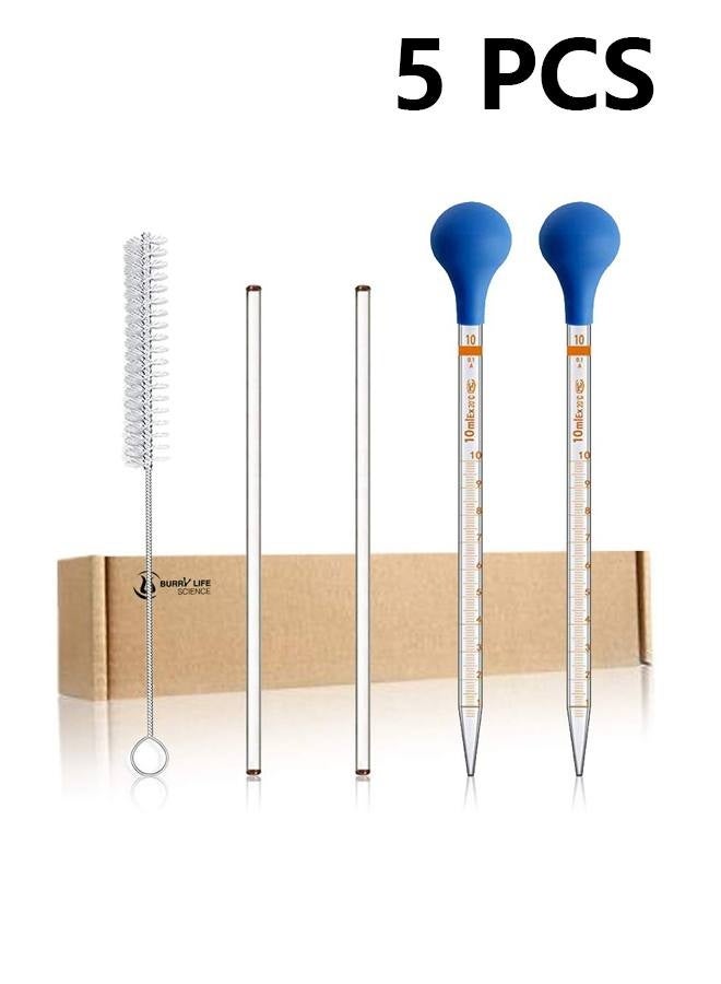 5 قطع 10 مل من القطارات الزجاجية المتدرجة ماصات مختبرية قطارة سائلة مع غطائين مطاطيين قطعتان 20 سم من قضيب التحريك الزجاجي وفرشاة القطارات - Image 1