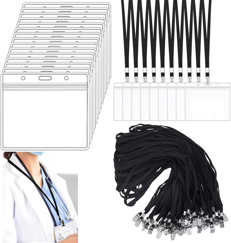 70 sets of card sleeves and lanyards (70 transparent waterproof horizontal ID card sleeves + 70 black lanyards) - Image 1