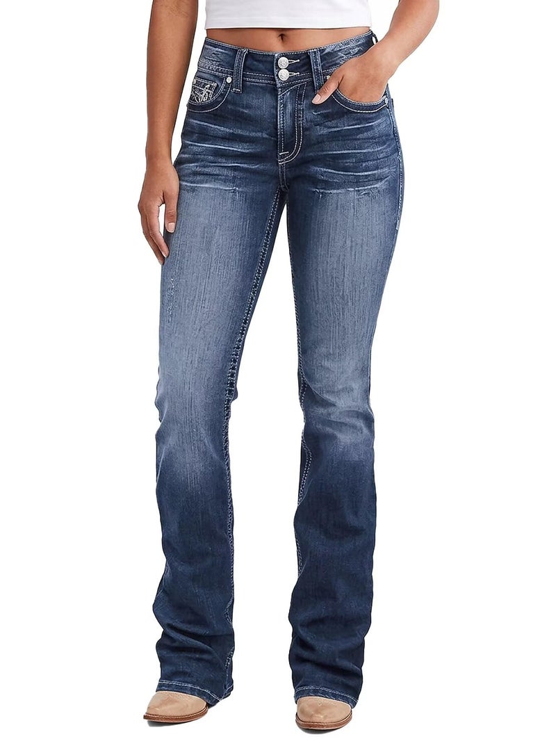 Flamingals Boot Cut Jeans for Women Mid Waist Tummy Control Trendy Flare Jeans Straight Denim Pants Navy Blue M - Image 1
