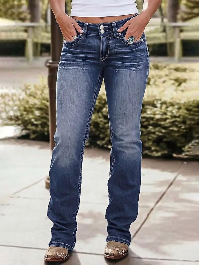 Flamingals Boot Cut Jeans for Women Mid Waist Tummy Control Trendy Flare Jeans Straight Denim Pants Navy Blue M - Image 2