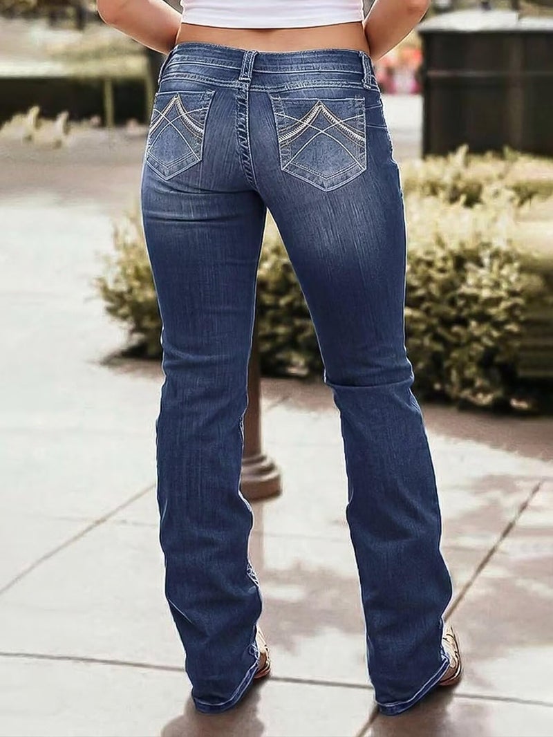 Flamingals Boot Cut Jeans for Women Mid Waist Tummy Control Trendy Flare Jeans Straight Denim Pants Navy Blue M - Image 4