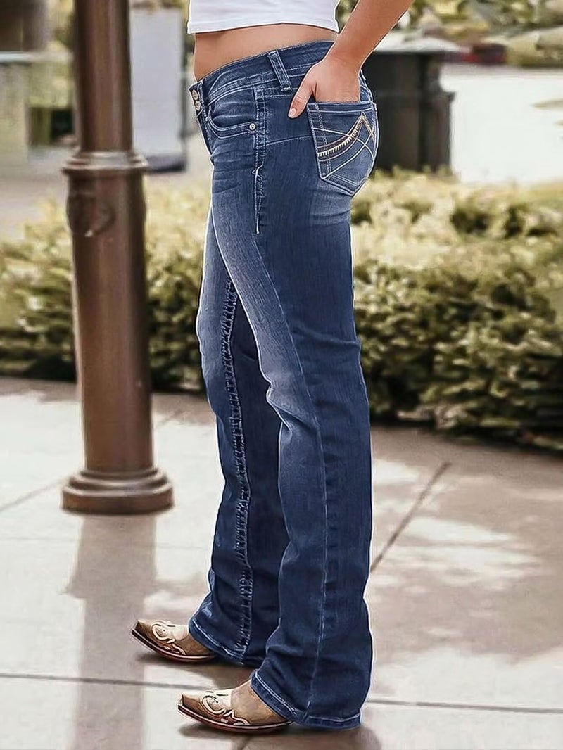 Flamingals Boot Cut Jeans for Women Mid Waist Tummy Control Trendy Flare Jeans Straight Denim Pants Navy Blue M - Image 3