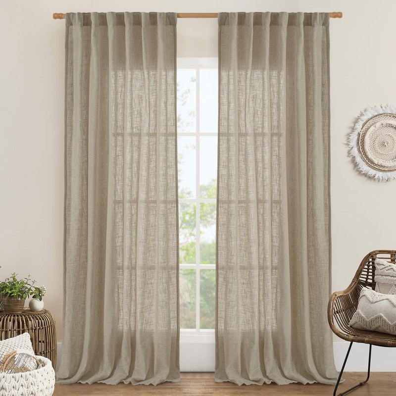 LAMIT Taupe Linen Curtains 90 Inch for Living Room, Back Tab and Rod Pocket Linen Textured Farmhouse Curtains Light Filtering Drapes for Bedroom/Dining Room, Set of 2, 52 x 90 Inch - Image 1