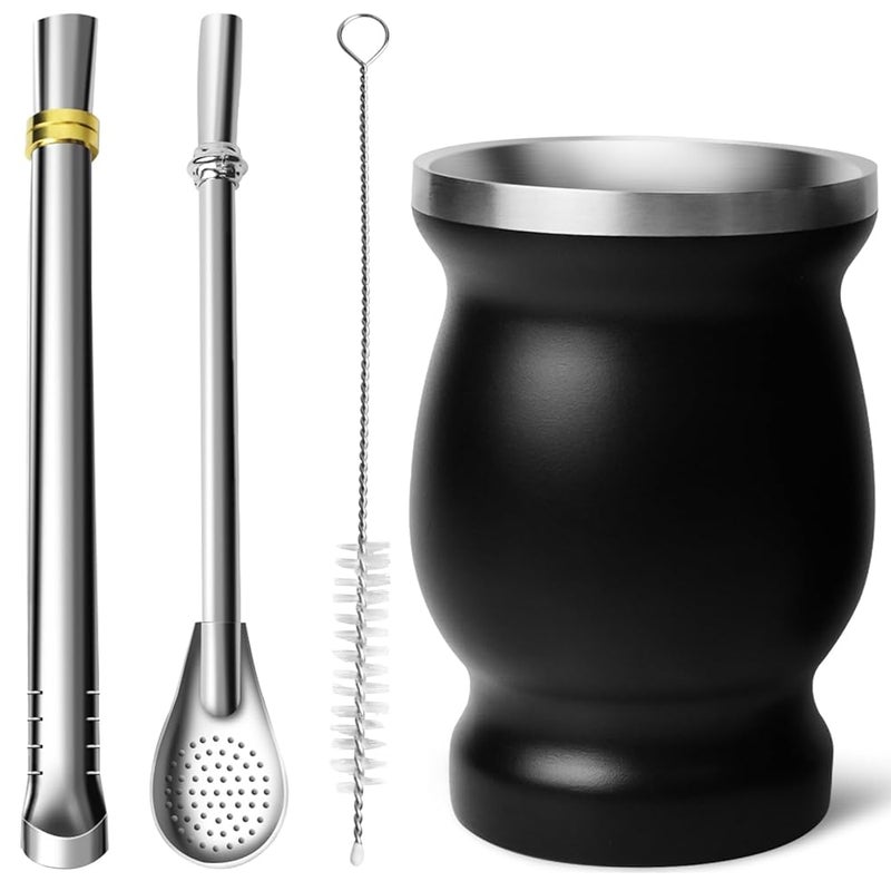 Black Yerba Mate Cup – with Spoon, Straw, Brush, and Flat Straw, Gourd, for Tea