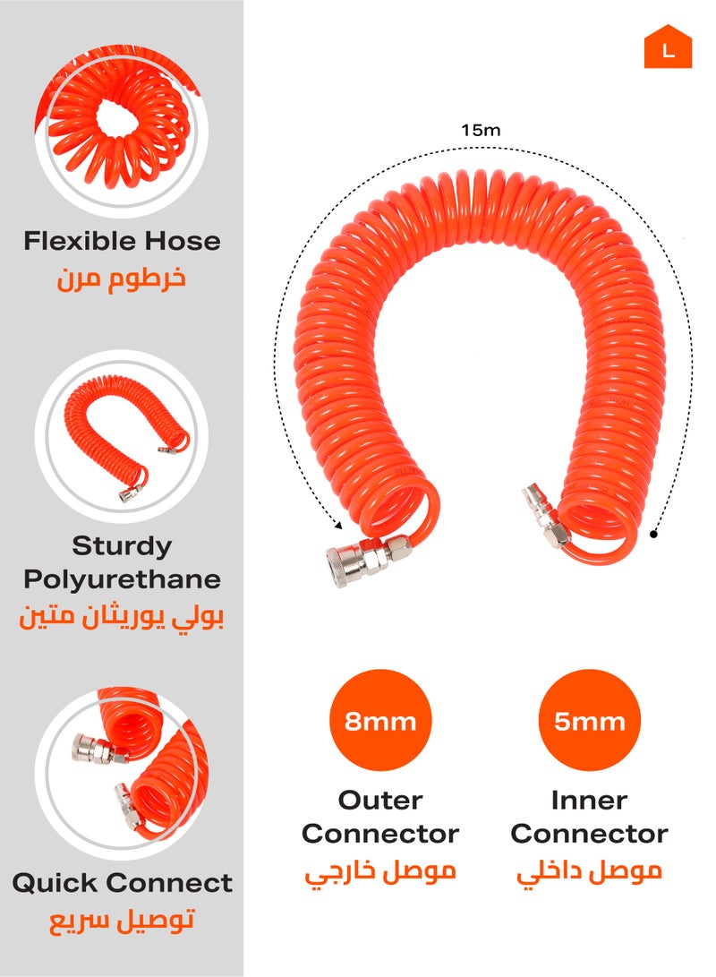 LAWAZIM PU Air Compressor Hose -5x8mm 15m- Flexible Spiral Pneumatic Hose with Quick Connect Couplers, High Pressure and Wear-Resistant, for Air Compressors, Automotive and Industrial Air Applications - Image 2