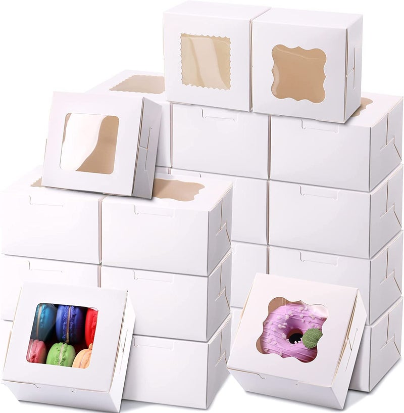 BAKEFY 25 piece3x 3 x 2 Inches White Bakery Boxes 3 x 3 x 2 Inch Cookie Cake Boxes Clear Window Mini Cupcake Pastry Dessert Boxes for Candy Muffins Donuts Gift Container Party Favor - Image 1