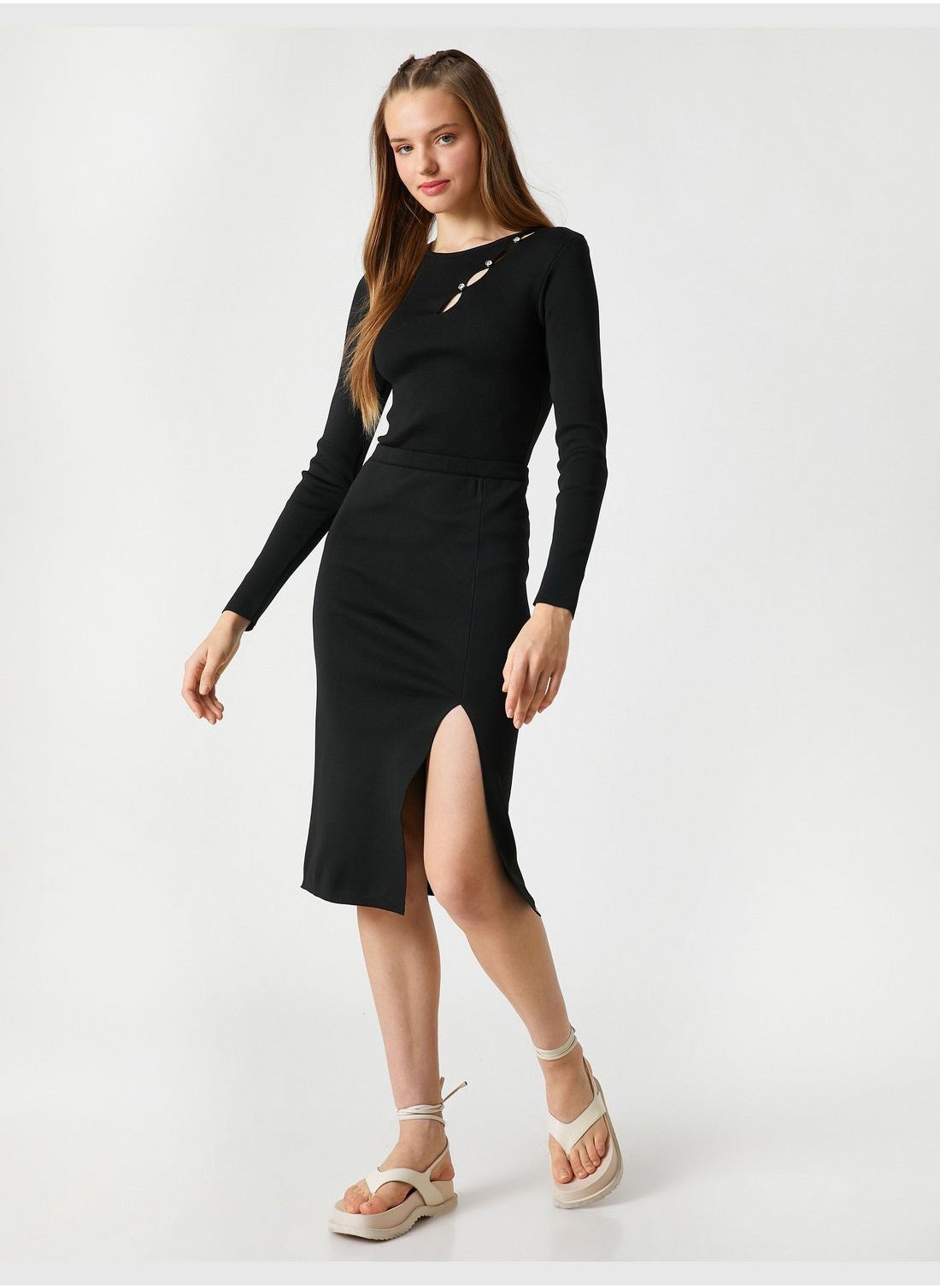 KOTON Knitwear Cut Out Detail Crew Neck Glitz Stone Detail KOTON Knitwear Cut Out Detail Crew Neck Glitz Stone Detail