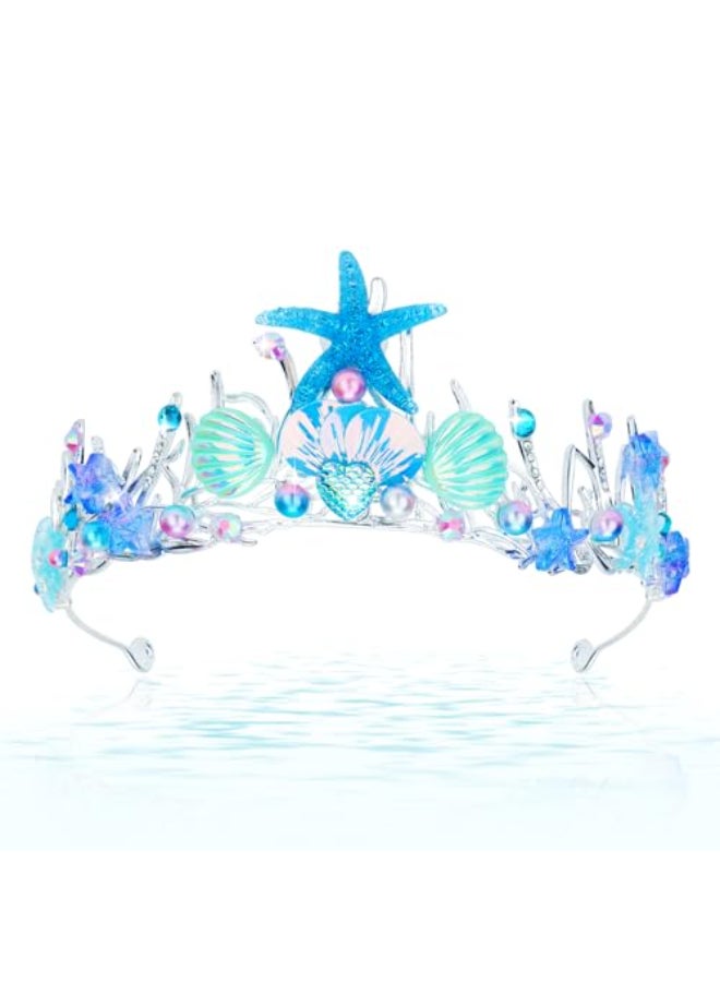 CIEHER Mermaid Crown for Women Girls Mermaid Princess Blue Starfish Tiara Seashell Crown Mermaid Party Mermaid Birthday Decorations Mermaid Accessories Costumes for Women - Image 1