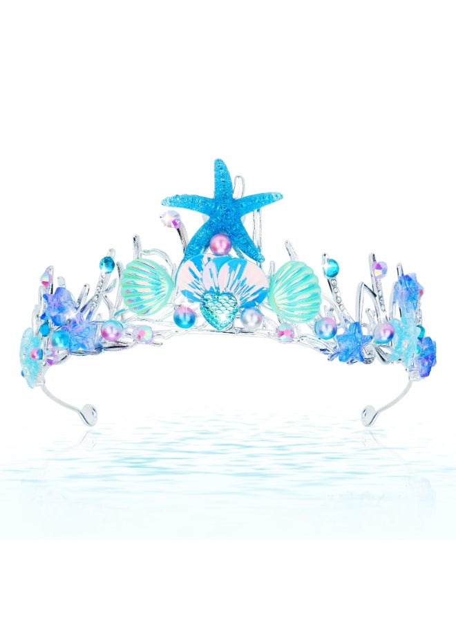 CIEHER Mermaid Crown for Women Girls Mermaid Princess Blue Starfish Tiara Seashell Crown Mermaid Party Mermaid Birthday Decorations Mermaid Accessories Costumes for Women - Image 2