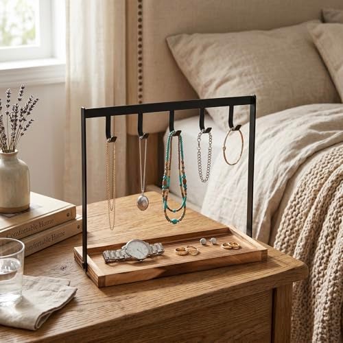 MyGift Black Metal Entryway Key Holder with 5 Hooks and Burnt Wood Base Tabletop Necklace and Jewelry Organizer Rack with Ring Tray - Image 3