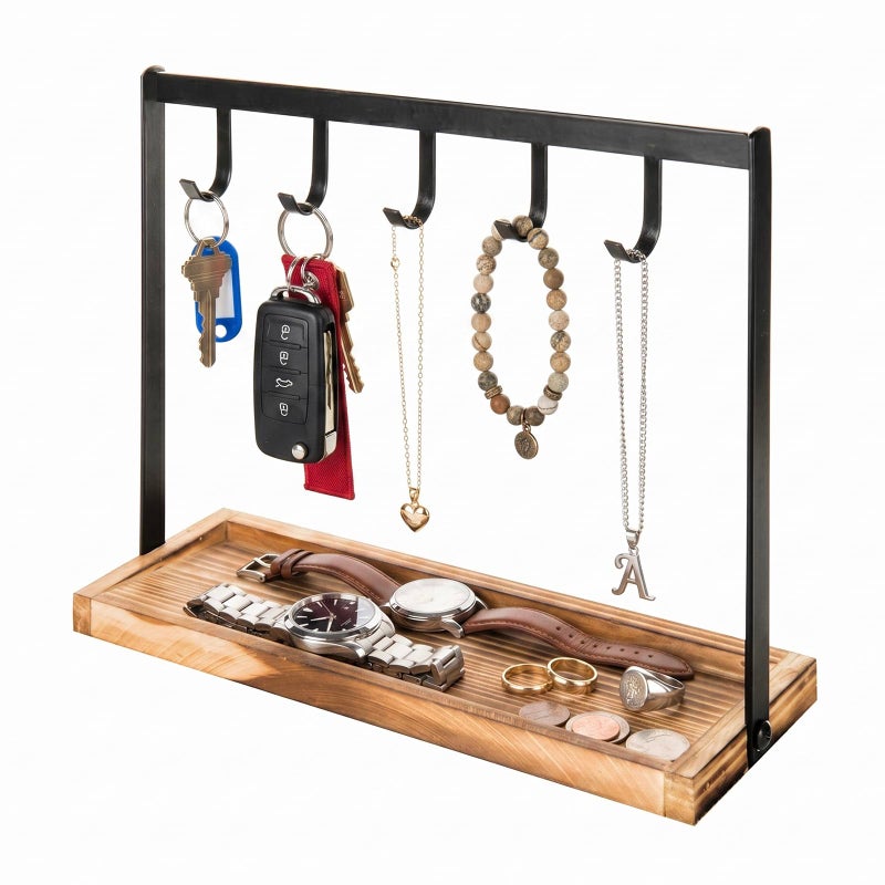 MyGift Black Metal Entryway Key Holder with 5 Hooks and Burnt Wood Base Tabletop Necklace and Jewelry Organizer Rack with Ring Tray - Image 2