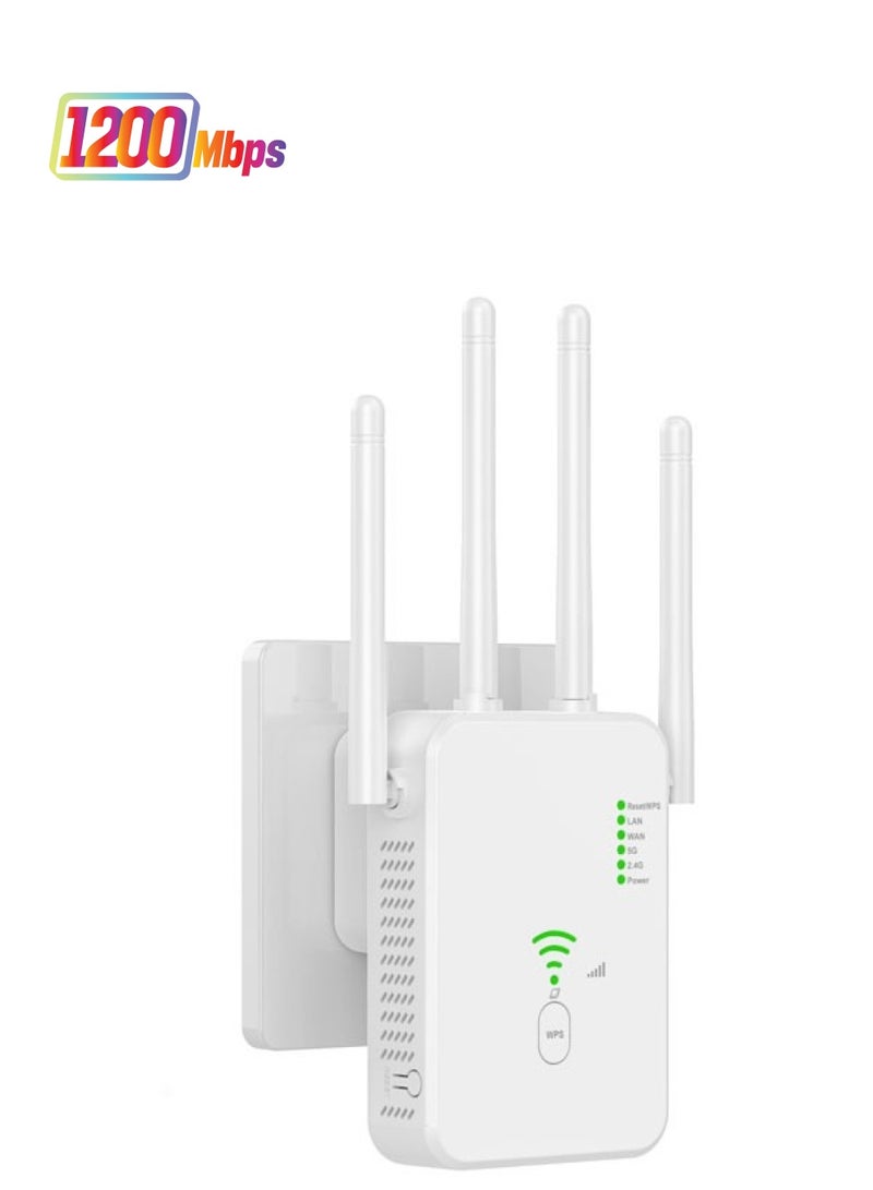 WiFi Signal Repeater, AC1200, 2.4G/5G, Universal Wireless Range Extender WiFi Repeater, 1200Mbps, AP Mode Compatible, Plug  Play, Ethernet Port, Smart Signal Indicator