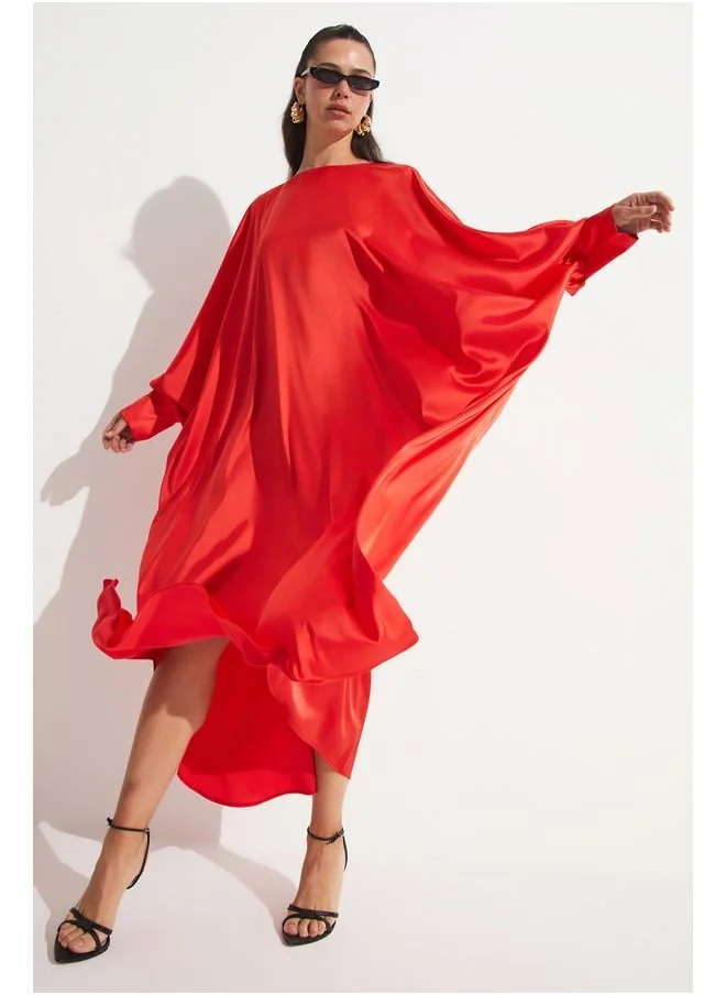 جون June Cape Sleeve Loose Fit Dress Vermilion