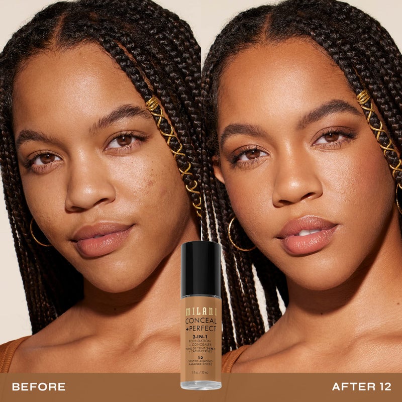 Milani Conceal + Perfect 2-in-1 Foundation + Concealer for a Flawless Complexion, Under Eye Corrector, Cover Redness and Imperfections, Waterproof and Sweatproof - Spiced Almond - Image 2