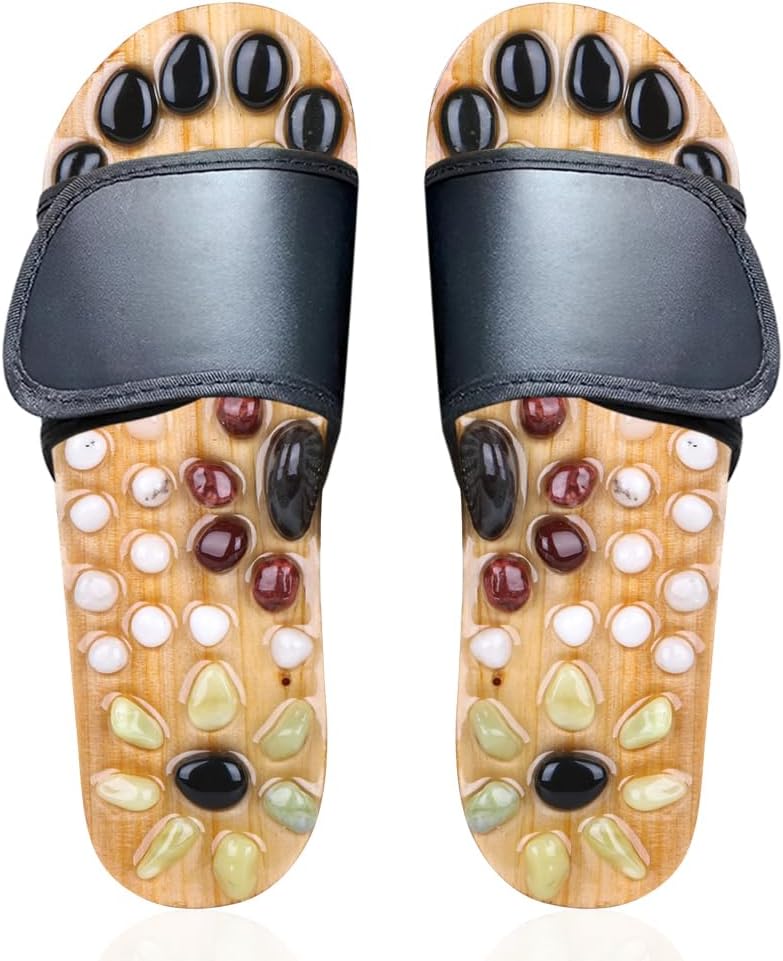 Acupressure Massage Slippers with Earth Stone, Therapeutic Reflexology Sandals for Foot Acupoint Massage Shiatsu Arch Pain Relief, Fit Women 6-7 Feet Size