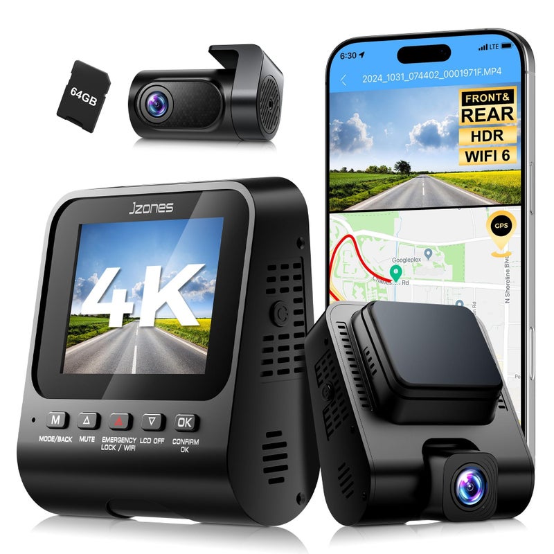 Jzones Dash Cam Front and Rear: 4K+1080P FHD Dual Dash Camera for Cars with Night Vision, 2 Channel HDR Dash Camera, 24H Parking Mode Car Camera, Built-in GPS, WiFi 6, Free 64GB Card - Image 1