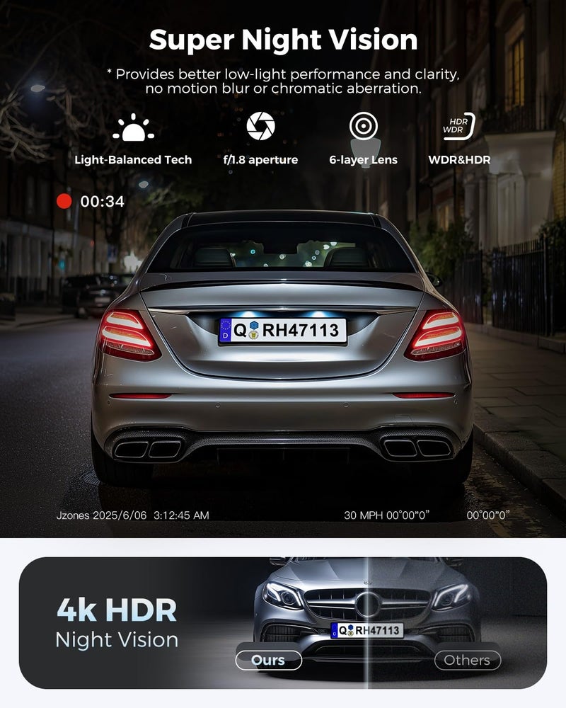 Jzones Dash Cam Front and Rear: 4K+1080P FHD Dual Dash Camera for Cars with Night Vision, 2 Channel HDR Dash Camera, 24H Parking Mode Car Camera, Built-in GPS, WiFi 6, Free 64GB Card - Image 3
