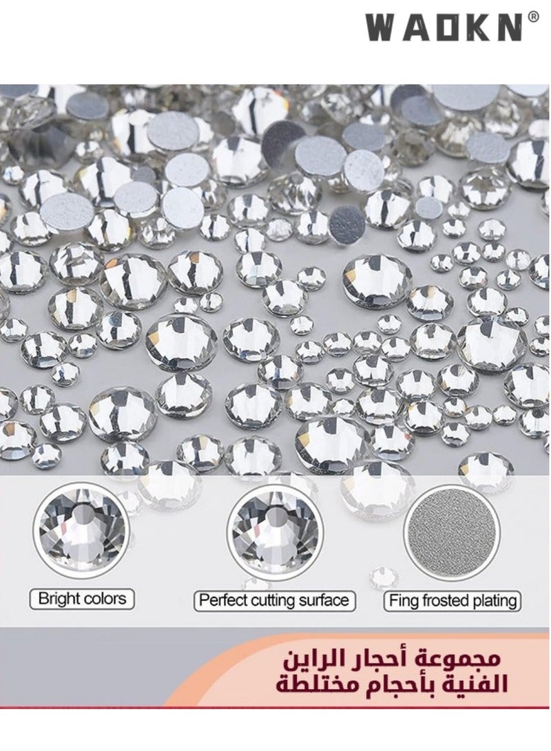 دبليو أيه أو كي أن 2 مجموعة الفضة الأظافر الفن Rhinestones Kit، واضح الأبيض جولة مسطحة الخلف الأحجار الكريمة و Rhinestones على شكل غير منتظم مع Rhinestone اختيار الشمع القلم والملصصة، ديكور الأظافر الفن متعددة الحجم للأظافر والوجه والهاتف والملابس والأحذية والحرف DIY - Image 2