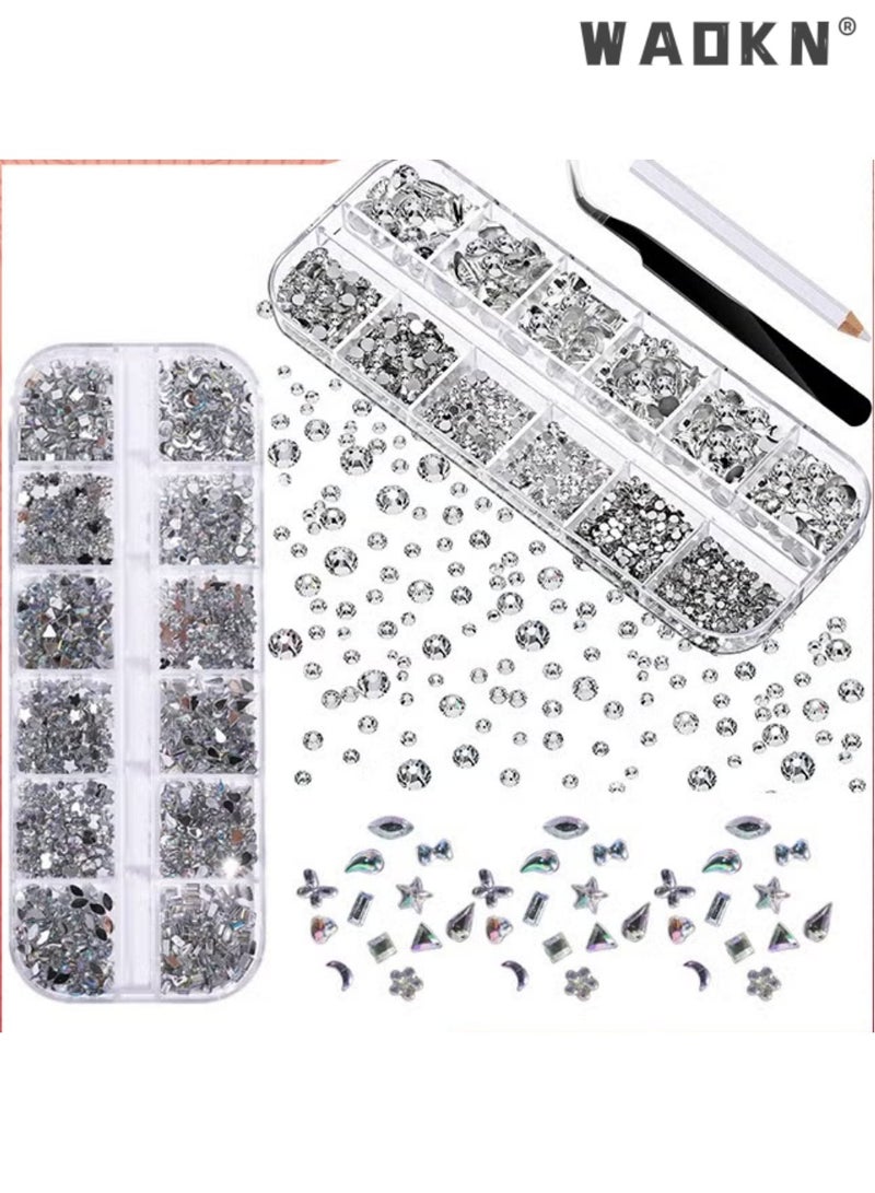 دبليو أيه أو كي أن 2 مجموعة الفضة الأظافر الفن Rhinestones Kit، واضح الأبيض جولة مسطحة الخلف الأحجار الكريمة و Rhinestones على شكل غير منتظم مع Rhinestone اختيار الشمع القلم والملصصة، ديكور الأظافر الفن متعددة الحجم للأظافر والوجه والهاتف والملابس والأحذية والحرف DIY - Image 1