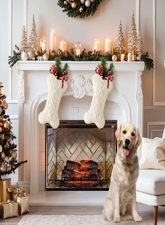 Edoneery Dog Christmas Stocking, Large Double Side Knit Bone Shape Pet Stocking, Festive Hanging Decoration for Family, Fireplace (1P White) - Image 2