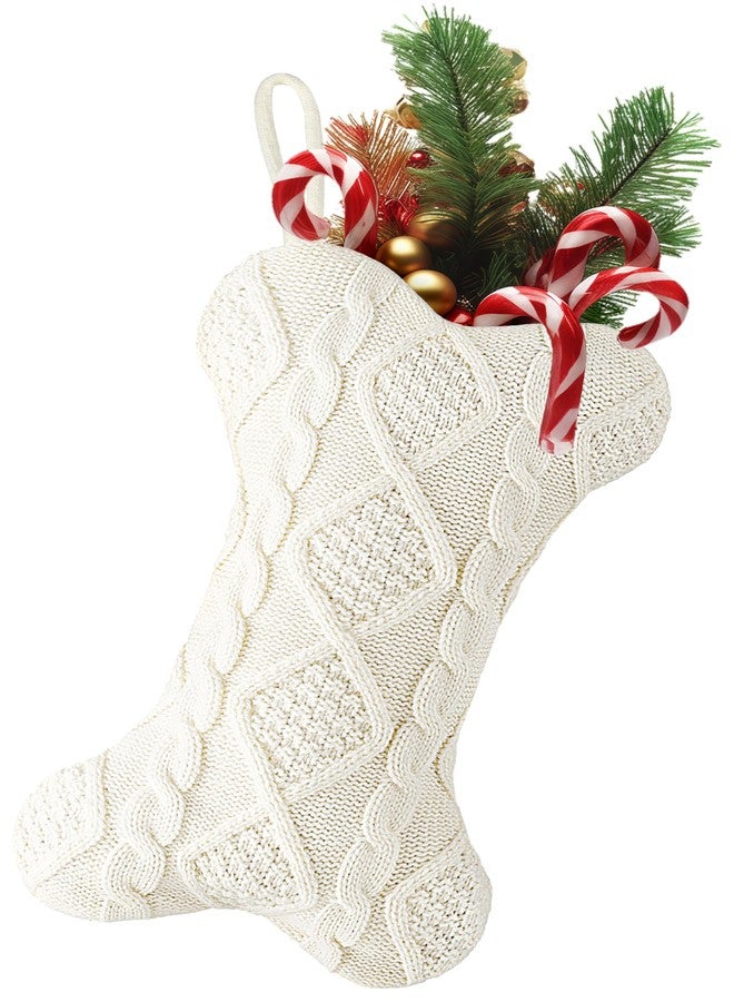 Edoneery Dog Christmas Stocking, Large Double Side Knit Bone Shape Pet Stocking, Festive Hanging Decoration for Family, Fireplace (1P White) - Image 1