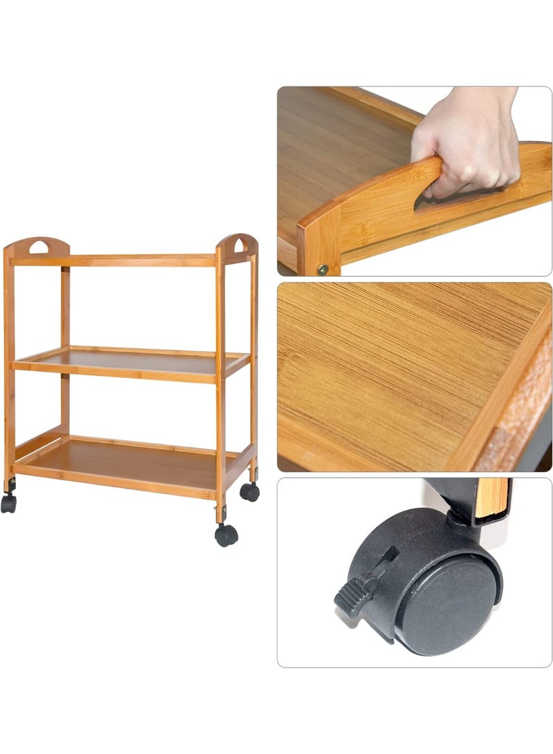 LINGWEI Bamboo Serving Trolley with Lockable Wheels Rolling Cart 60x78x33cm - Image 1