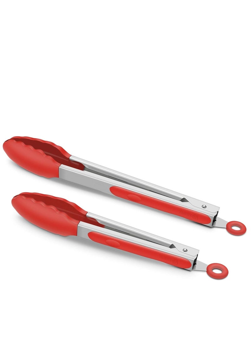 Bukela 2 Pack Red Kitchen Tongs, Premium Silicone BPA Free Non-Stick Stainless Steel BBQ Cooking Grilling Locking Food Tongs,9 Inch & 12 Inch - Image 1