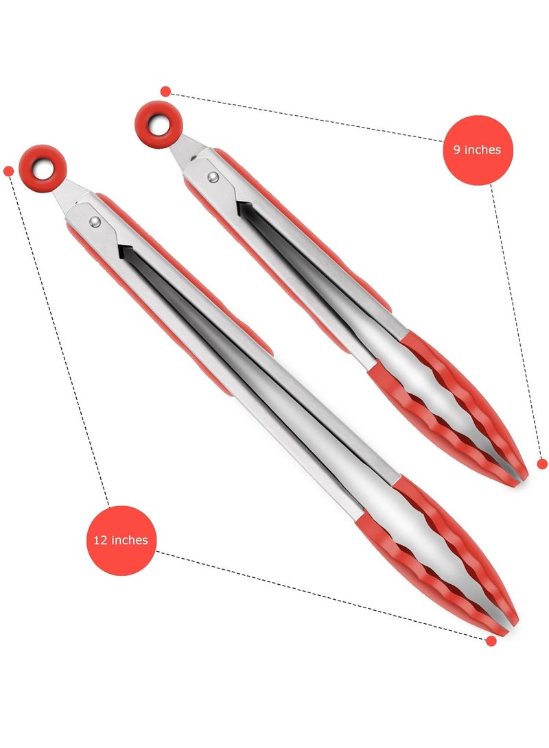 Bukela 2 Pack Red Kitchen Tongs, Premium Silicone BPA Free Non-Stick Stainless Steel BBQ Cooking Grilling Locking Food Tongs,9 Inch & 12 Inch - Image 4