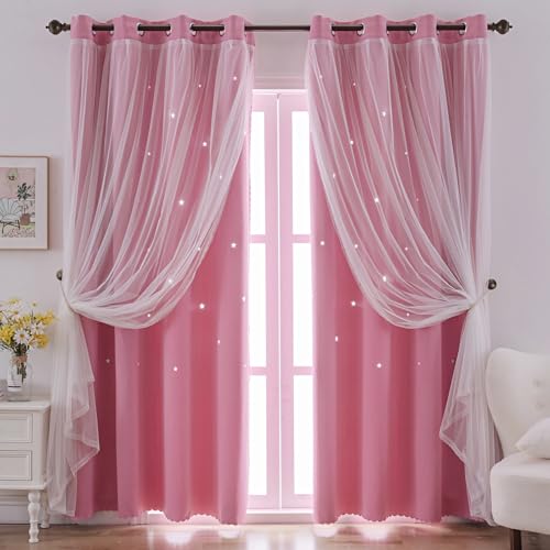 indistar Star Cutout Kids Window Blackout Curtains for Girl Bedroom Window Room Darkening Curtains & Drapes Baby Nursery Curtains (2 Panel,52Wx63L inch,Pink) - Image 1