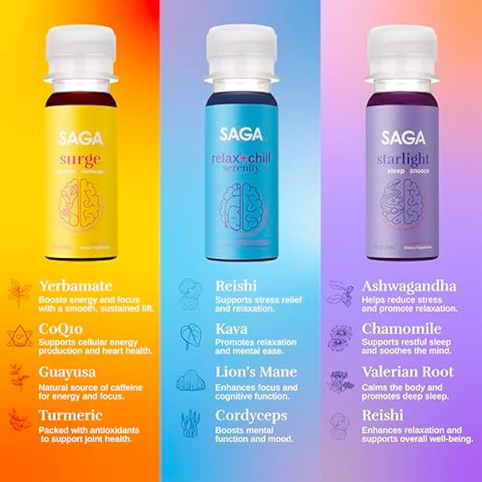 SAGA Functional Shot Variety Pack | Organic Nootropic Drink with Mushrooms, Yerba Mate, CoQ10, Kava, & Valerian Root, Alpha GPC, Melatonin | Energy, Relaxation, Sleep | 2oz Plant-Based Shots (6-Pack) - Image 3