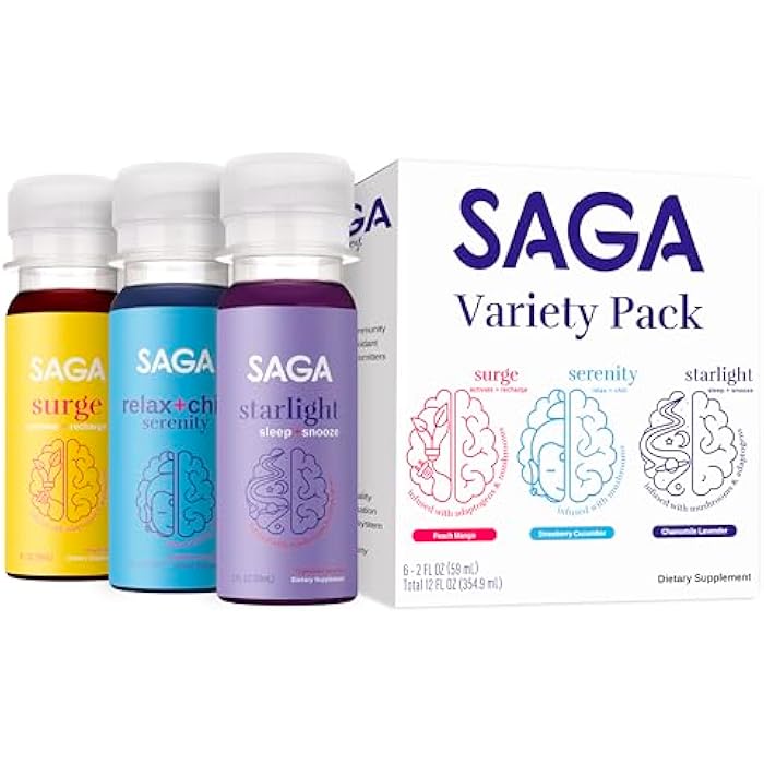 SAGA Functional Shot Variety Pack | Organic Nootropic Drink with Mushrooms, Yerba Mate, CoQ10, Kava, & Valerian Root, Alpha GPC, Melatonin | Energy, Relaxation, Sleep | 2oz Plant-Based Shots (6-Pack) - Image 1